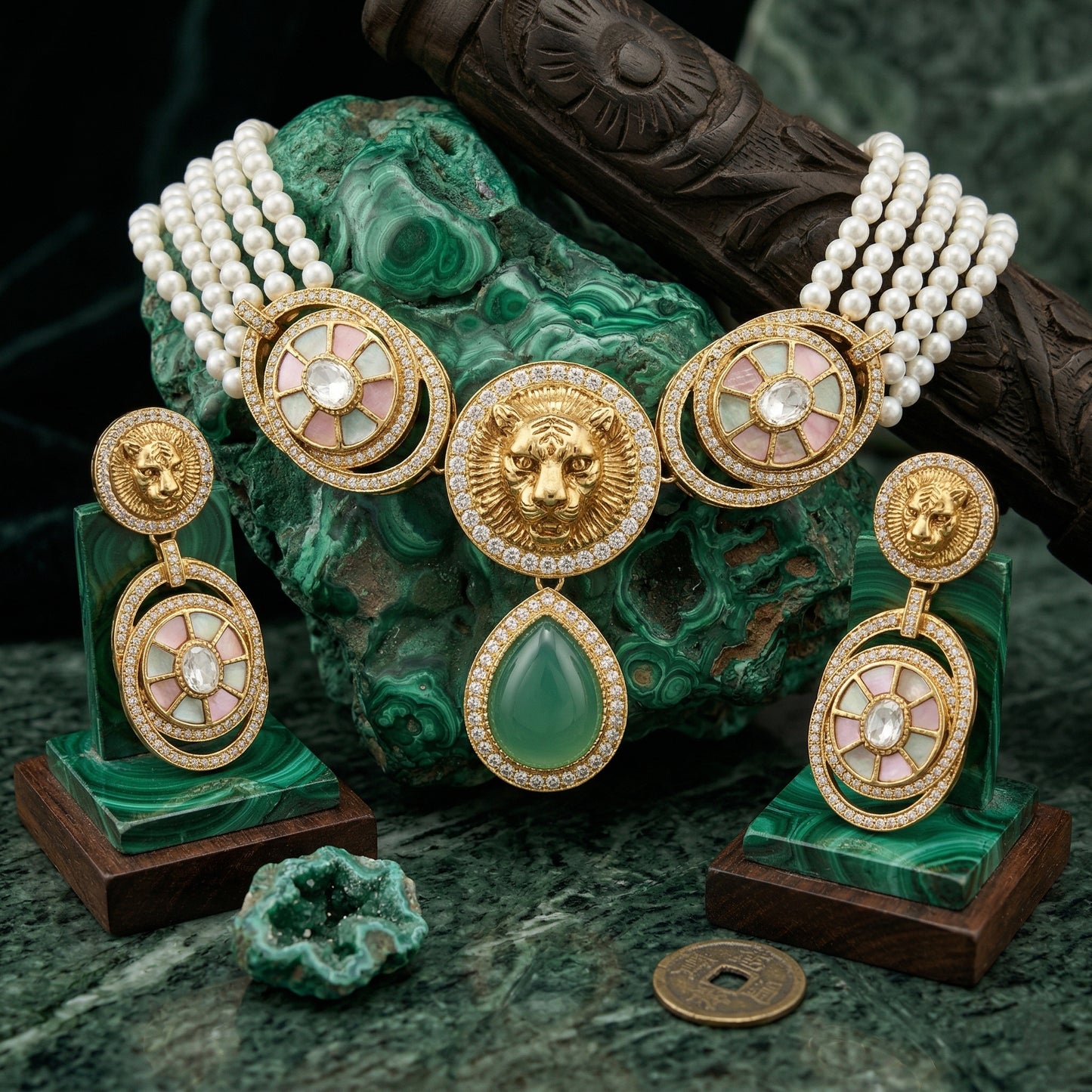Royal Crest Pearl & American Diamond Necklace Set (Rhodium Plated)