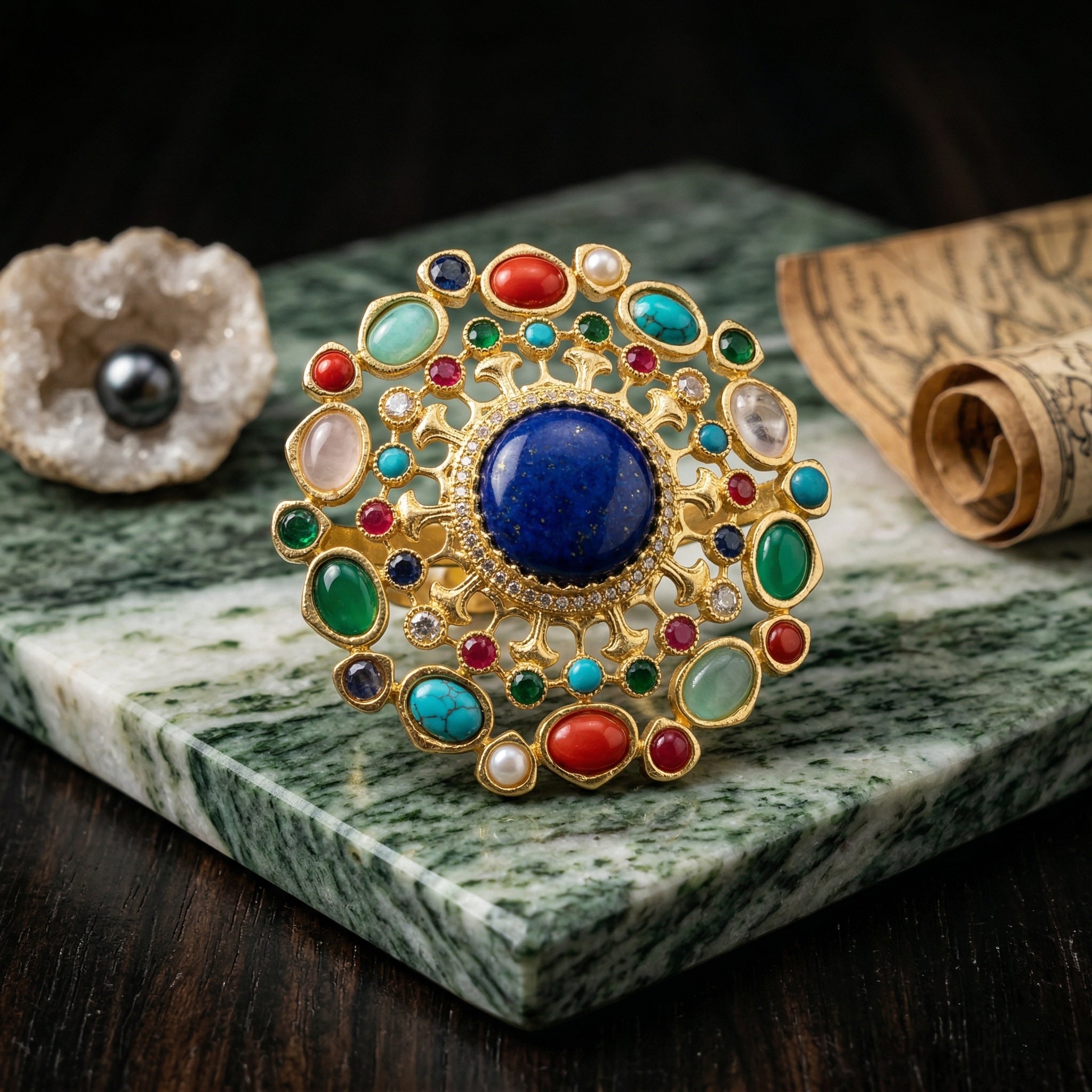 Gold Plated Brass Cocktail Ring with Lapis Lazuli & Multicolour Cabochon Stones | Mughal-Inspired Statement Ring