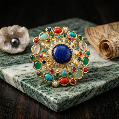 Gold Plated Brass Cocktail Ring with Lapis Lazuli & Multicolour Cabochon Stones | Mughal-Inspired Statement Ring