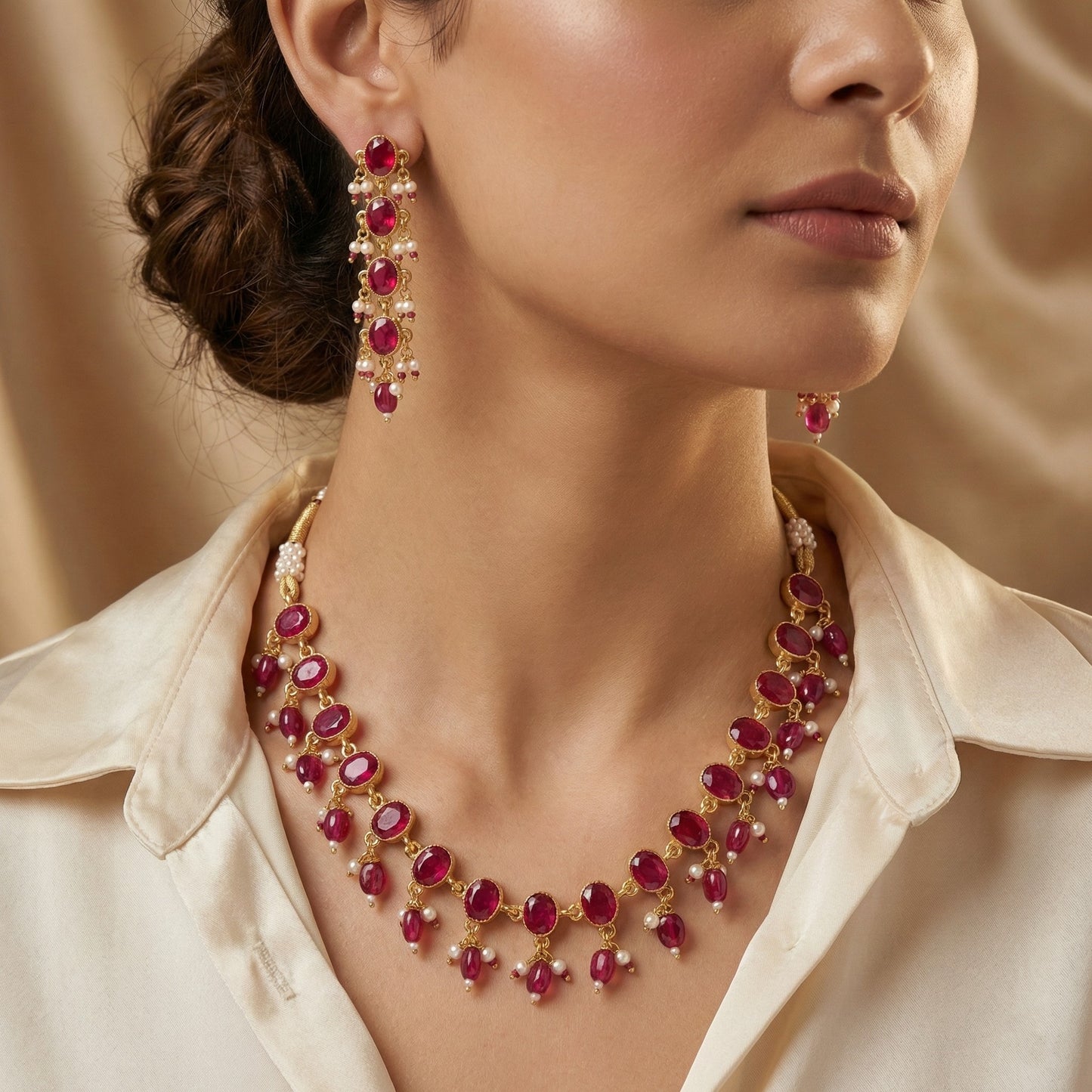 Ruby Cascade Pearl Necklace Set