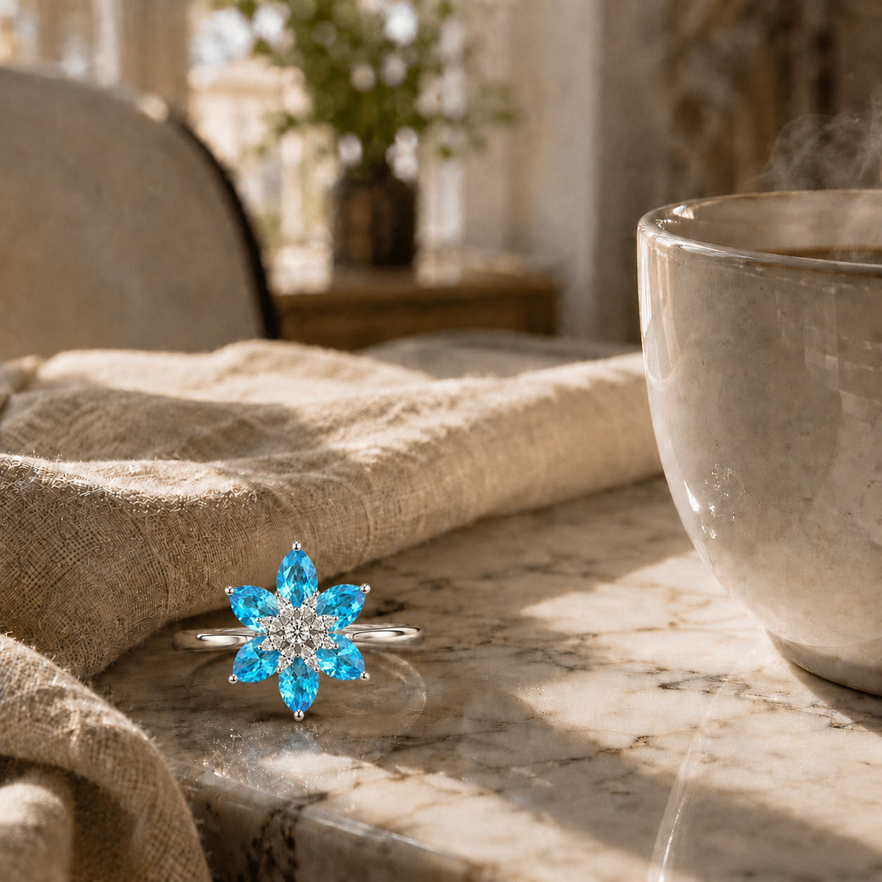 Floral AAA American Diamond Brass Statement Ring| Daisy Flower Cocktail Ring for Women