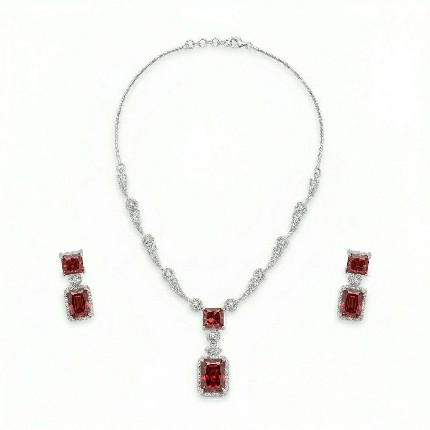 Regal Geometry American Diamond Necklace Set (Rhodium Plated)