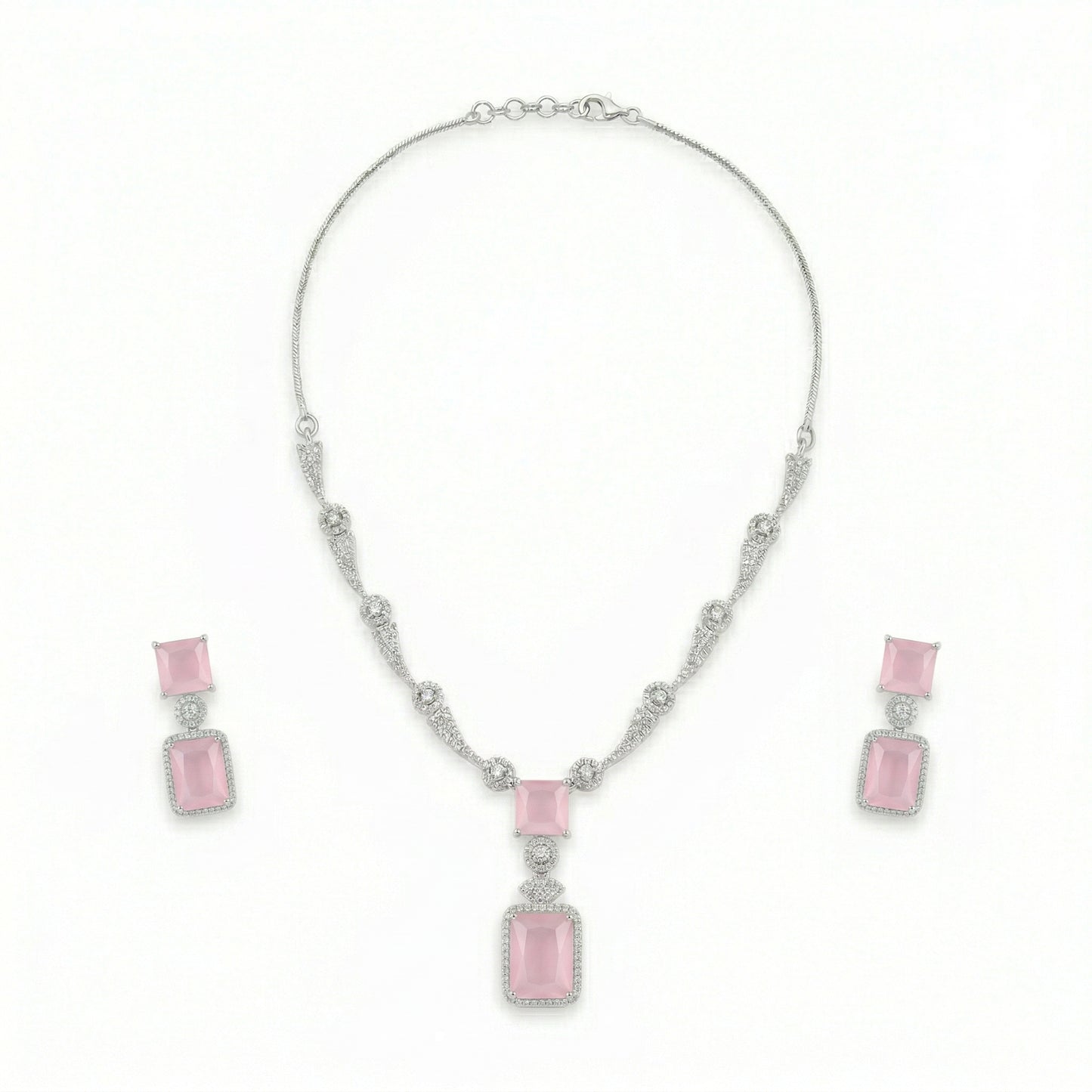 Regal Geometry American Diamond Necklace Set (Rhodium Plated)