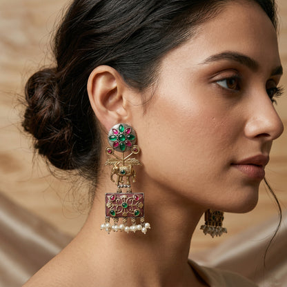 Dual Tone Gold Silver Dangler Earrings with Natural Glass Stones