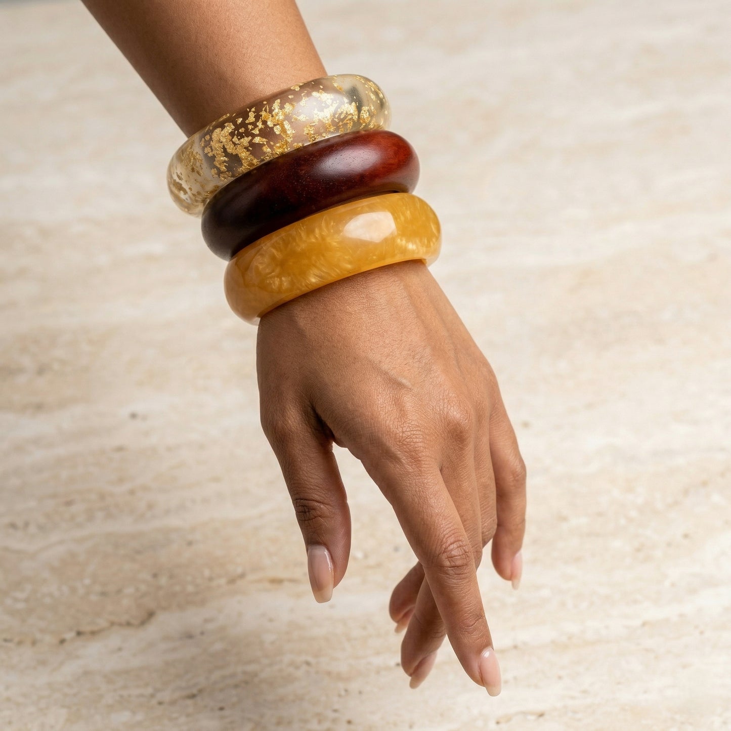 Gold Glitter Resin, Sheesham Wood & Yellow Marble Resin Bangle Stack | Earthy Boho-Luxe Mixed-Material Bracelet Set of 3 for Women
