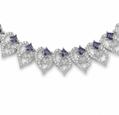 Rhodium Plated Leaf Motif AAA American Diamond Necklace Set in Brass – Colour Stone CZ Jewellery for Women
