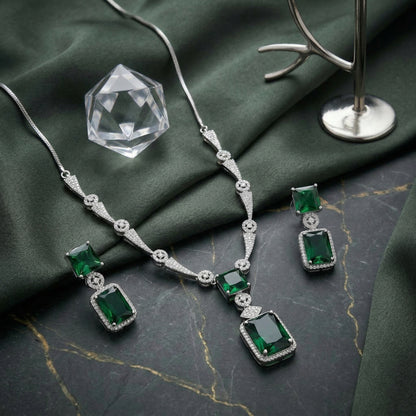 Regal Geometry American Diamond Necklace Set (Rhodium Plated)