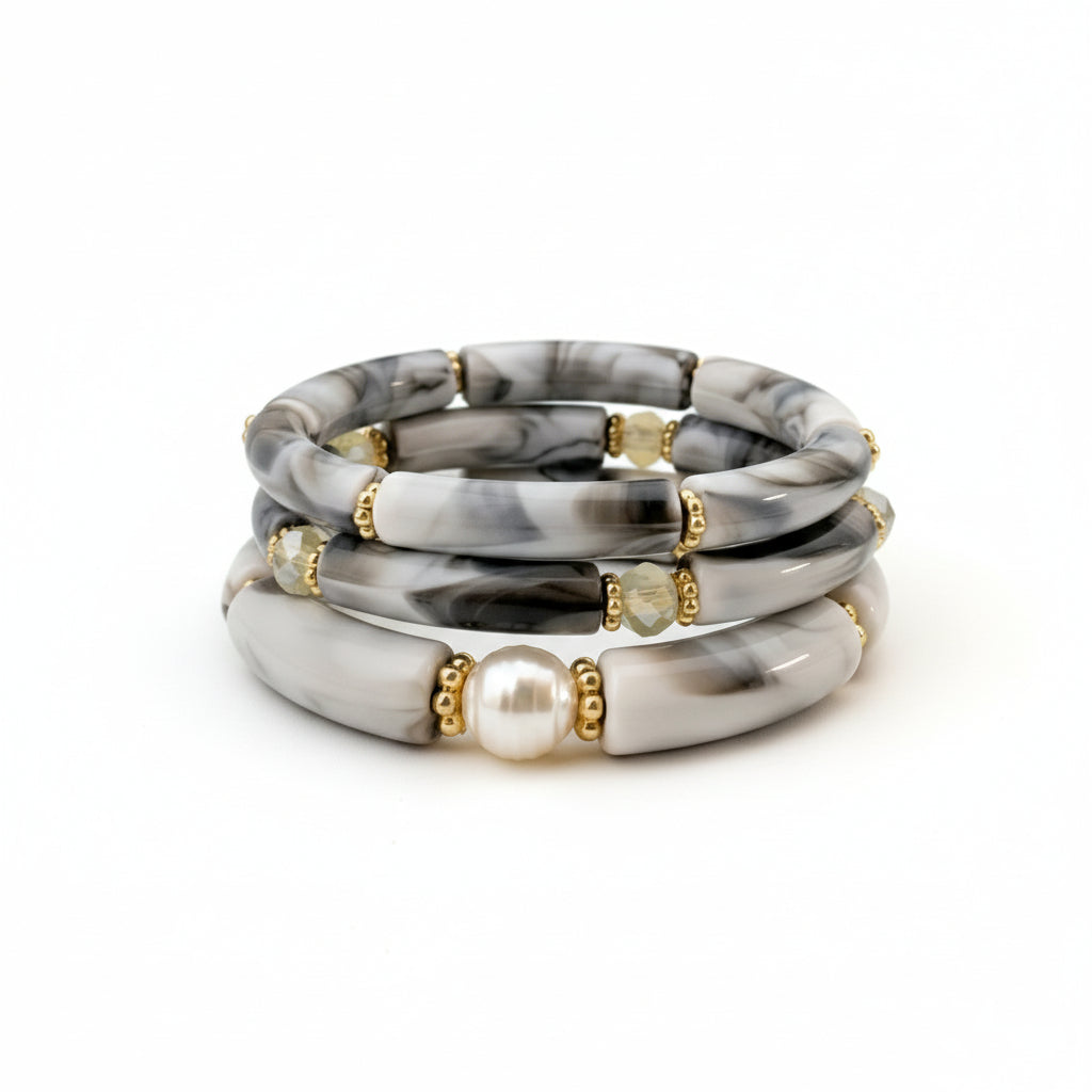 Marble Muse – Acrylic Pearl Accent Bangle Set (Free Size)