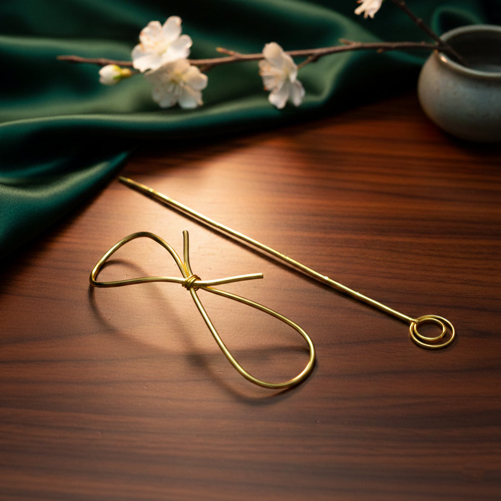 Gold Plated Brass Bow Hair Stick Pin | Minimalist Wire Bow Bun Holder Juda Pin for Women — Everyday & Bridal Hair Accessory