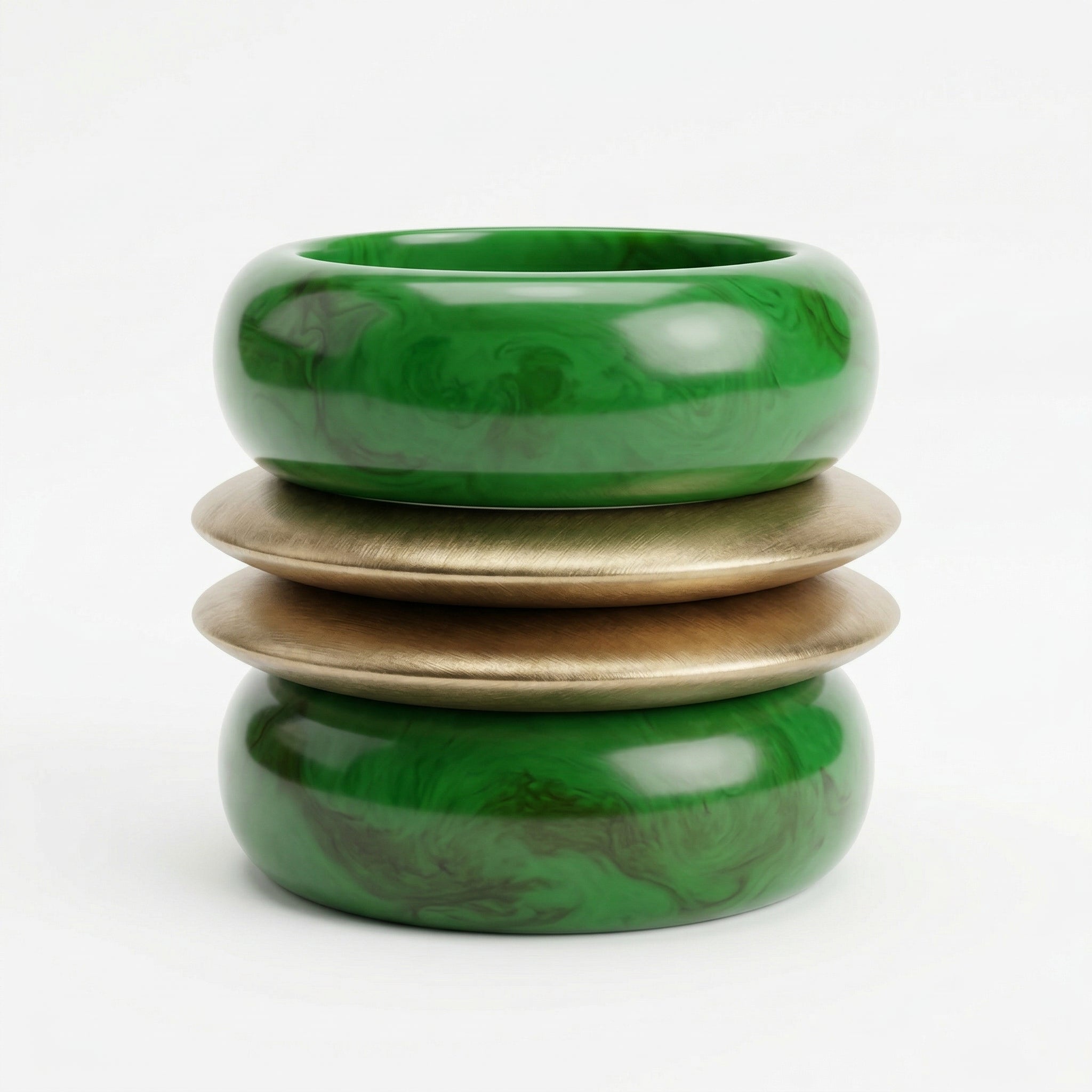 Emerald Green Marble Resin & Gold-Painted Sheesham Wood Bangle Stack | Mixed-Material Boho-Luxe Bracelet Set of 4 for Women