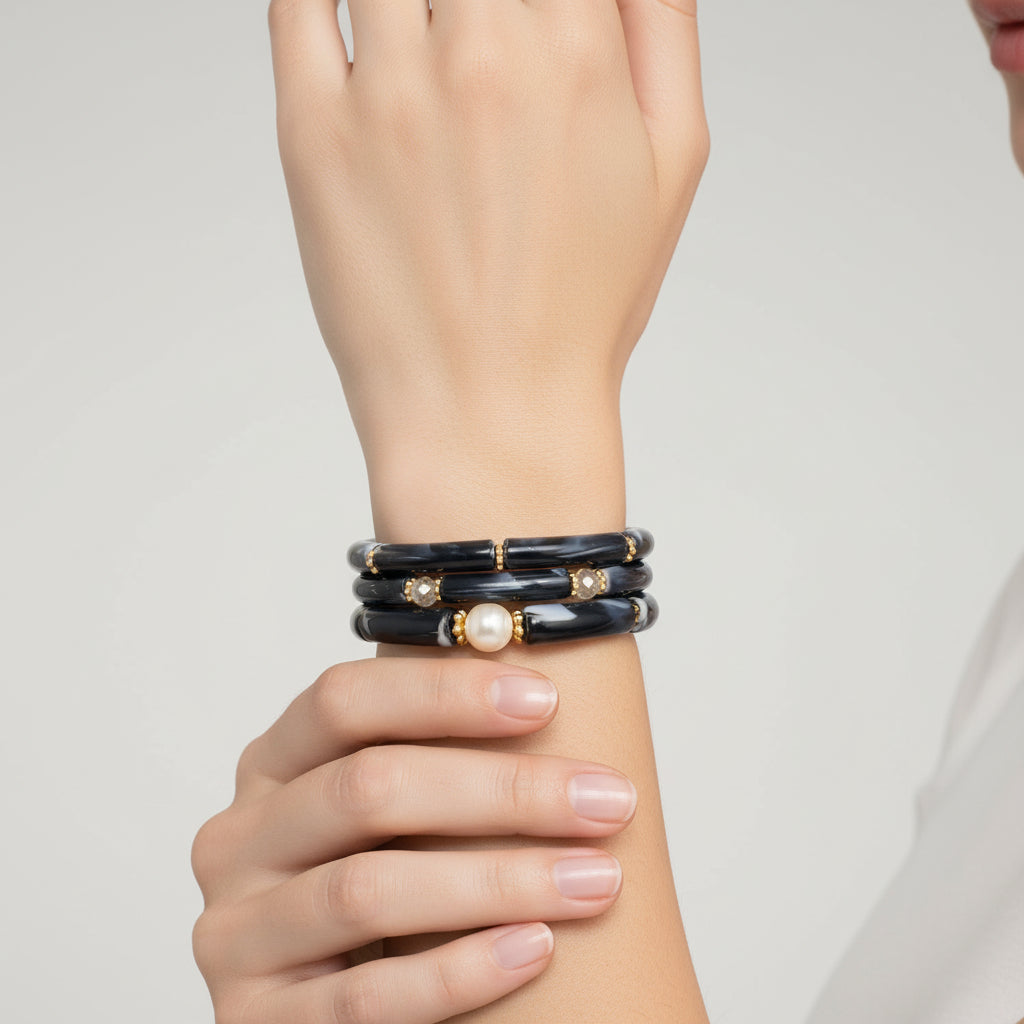 Marble Muse – Acrylic Pearl Accent Bangle Set (Free Size)