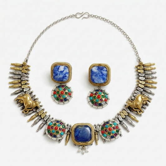 Imperial Mosaic Dual-Tone Necklace Set with Natural Stones
