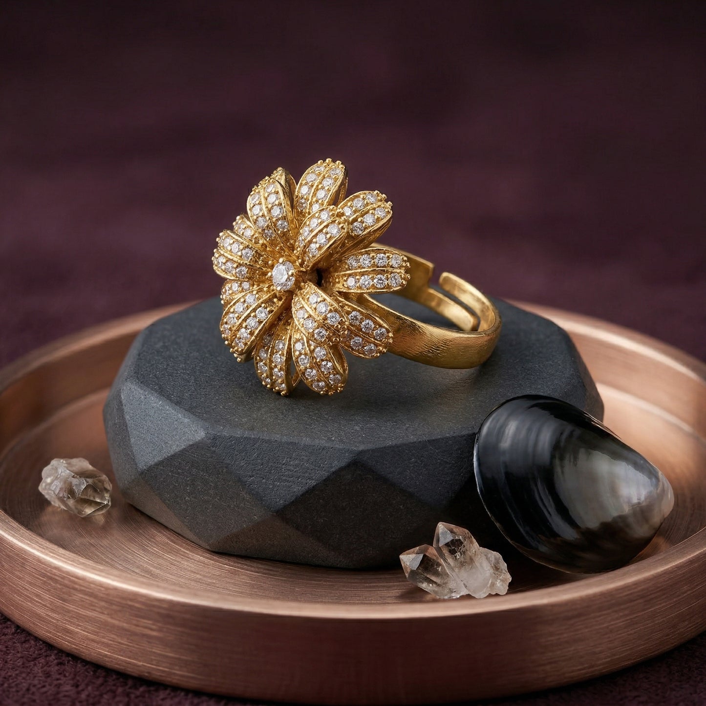 Antique Finish Gold Plated AD Cocktail Ring – Brass Statement Ring