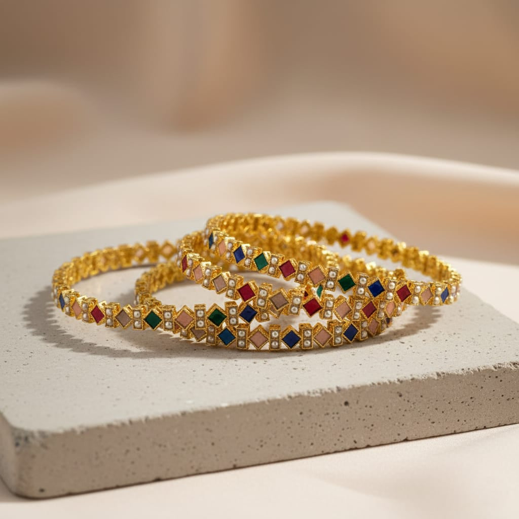 Gold Plated Alloy Bangle Set of 4 with Multicolour Square Stones & Seed Pearls | Navratna-Inspired Traditional Indian Bangles for Women