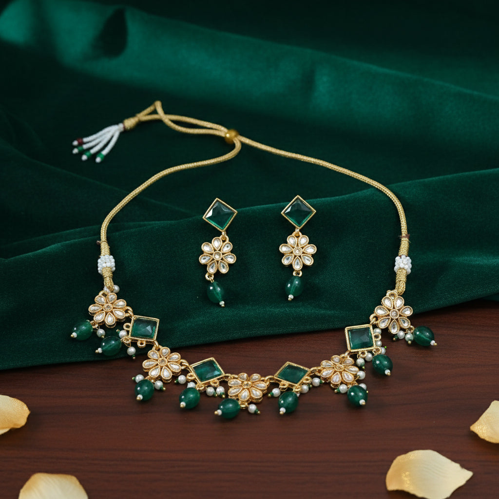 Emerald Blossom Kundan Necklace Set