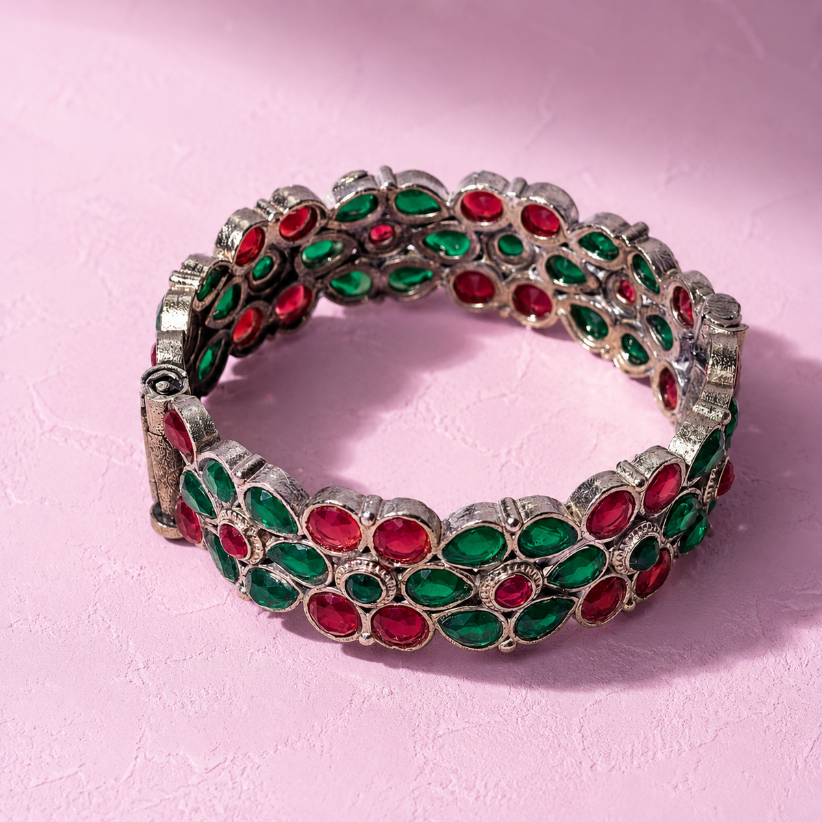 Rangeela Multi-Row Gemstone Oxidised Cuff Bangle (Size 2.4-2.6)