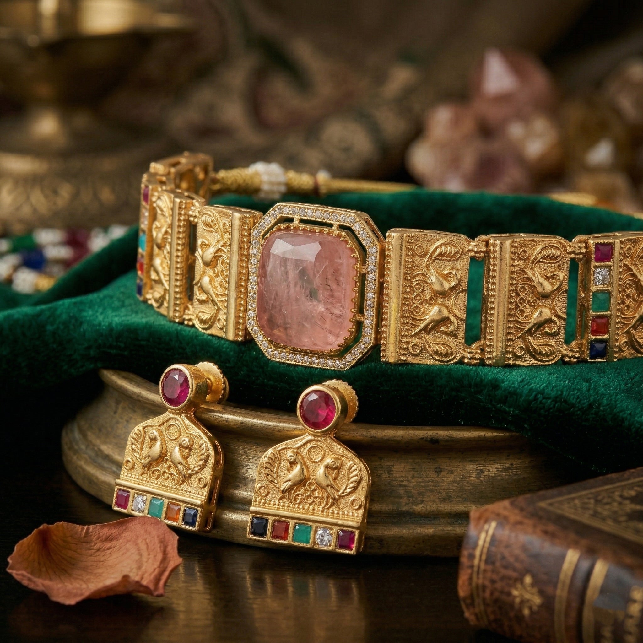 Gold Plated Brass Choker Necklace Set with Natural Russian Stone & Multicolour Semi-Precious Stones | Mughal-Inspired Heritage Jewellery Set for Women