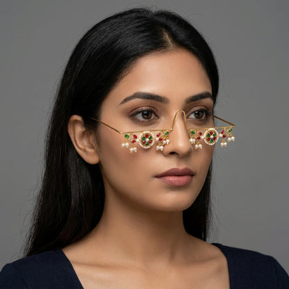 Meherma Kundan Scroll Wire Facelet with Pearl Teardrops