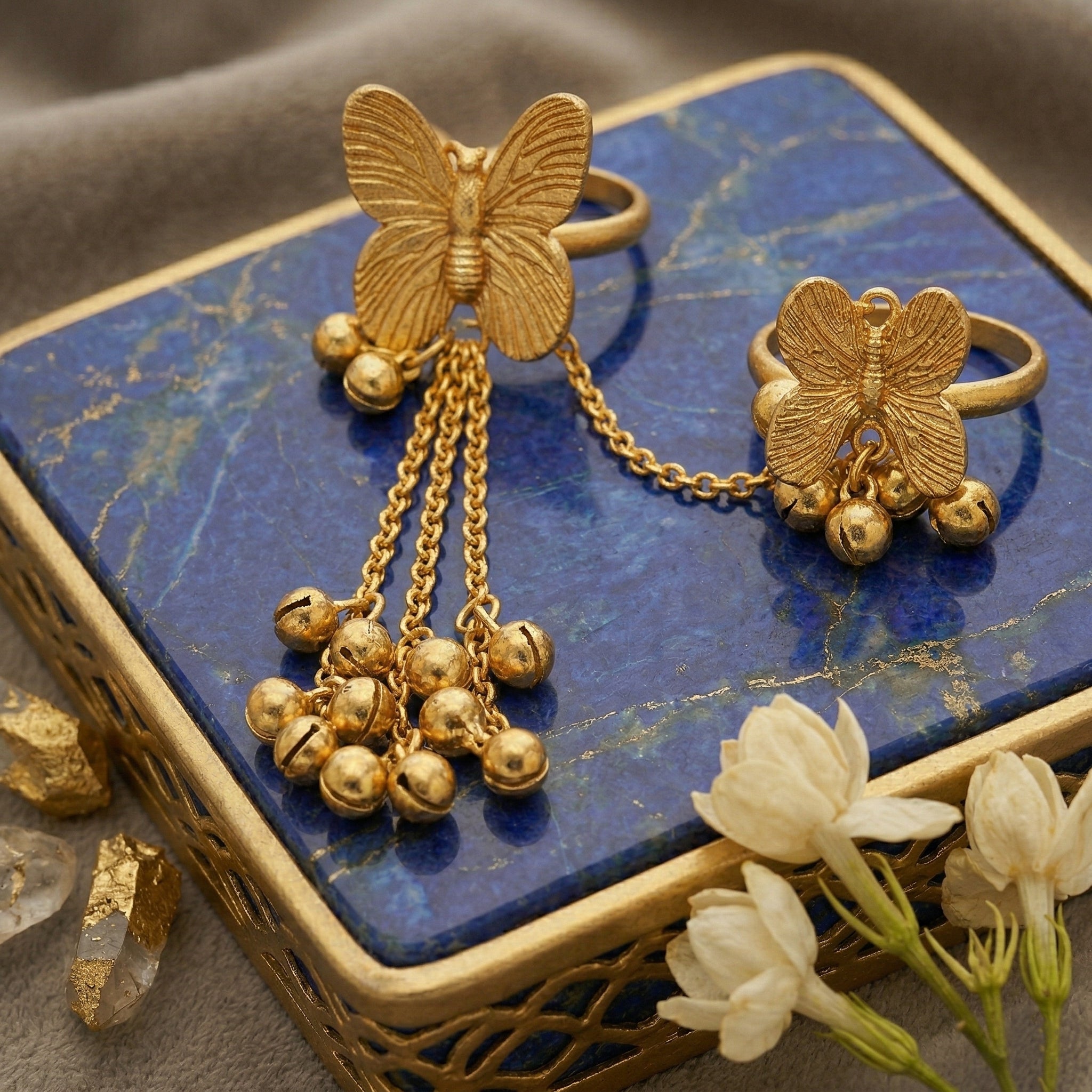 Gold Plated Butterfly Double Finger Ring with Ghungroo Chain Tassels | Brass Statement Ring for Women