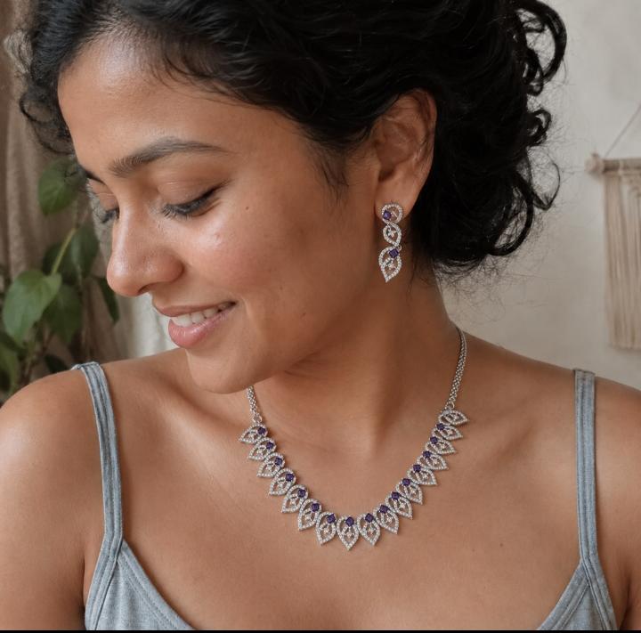 Rhodium Plated Leaf Motif AAA American Diamond Necklace Set in Brass – Colour Stone CZ Jewellery for Women