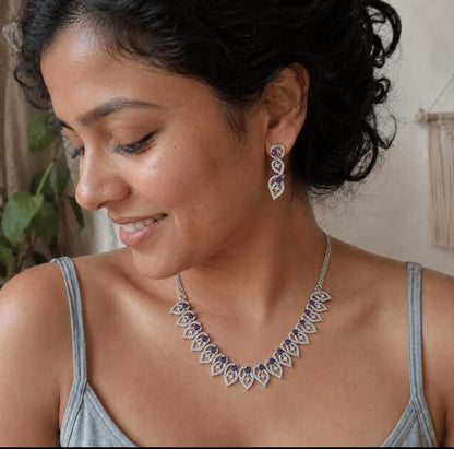 Rhodium Plated Leaf Motif AAA American Diamond Necklace Set in Brass – Colour Stone CZ Jewellery for Women
