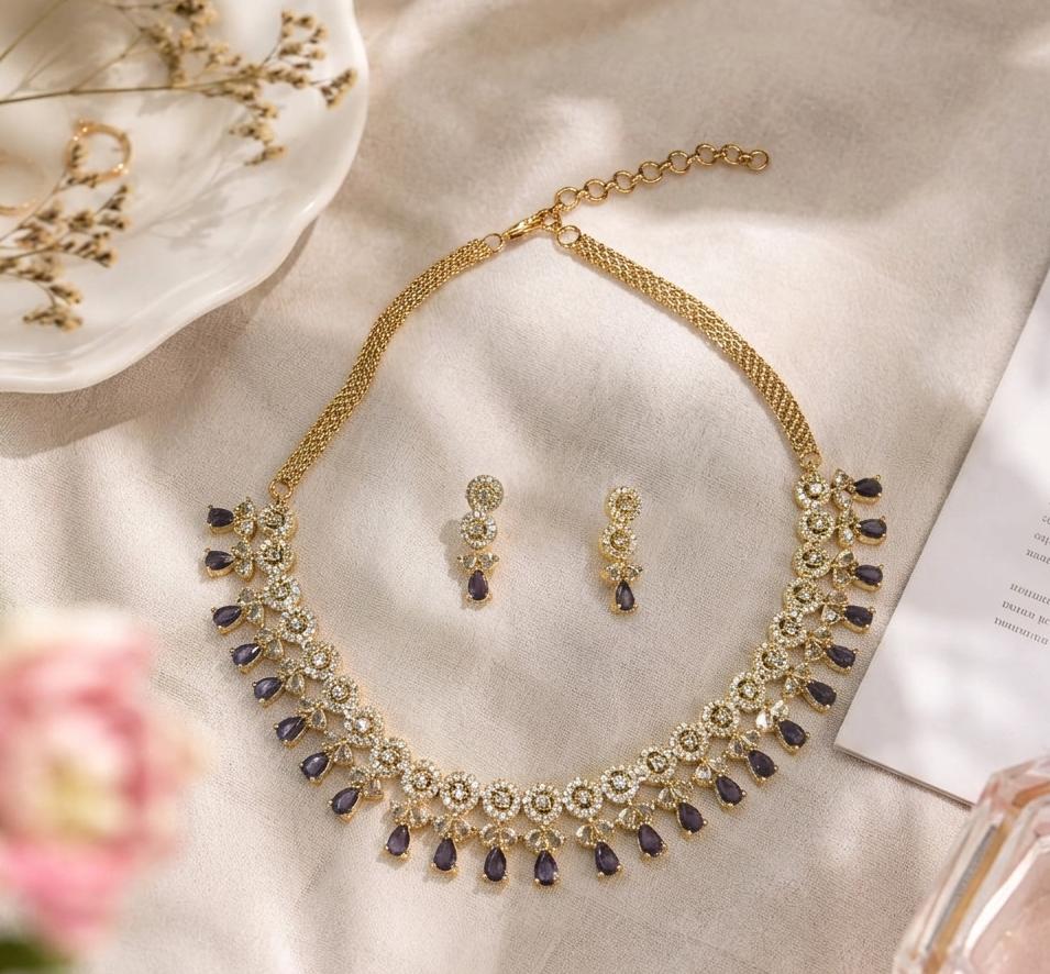Bouti Patta AAA American Diamond Necklace & Earrings Set | Brass | Floral Choker Collar | Bridal & Party Jewellery
