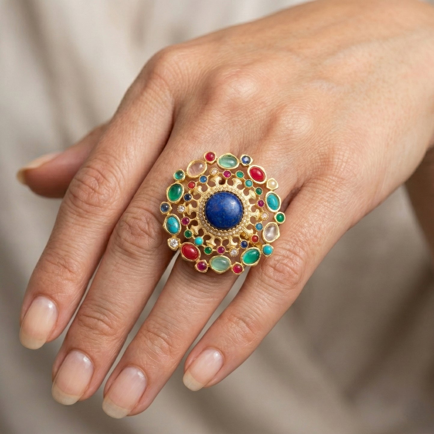 Gold Plated Brass Cocktail Ring with Lapis Lazuli & Multicolour Cabochon Stones | Mughal-Inspired Statement Ring