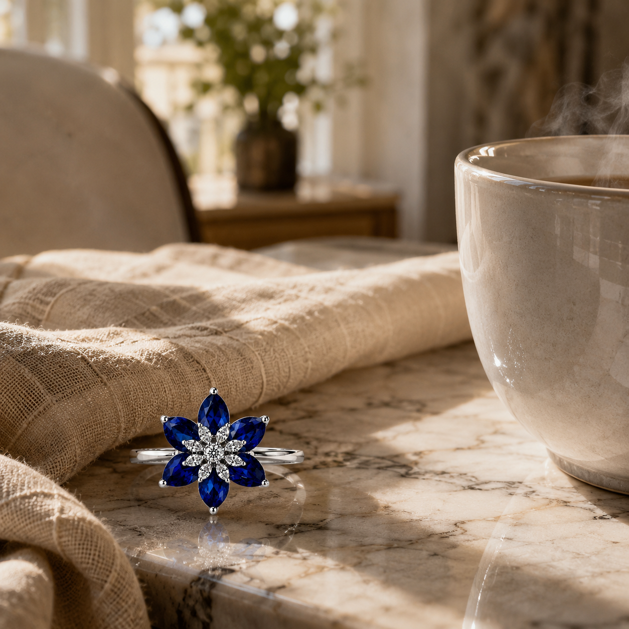 Floral AAA American Diamond Brass Statement Ring| Daisy Flower Cocktail Ring for Women