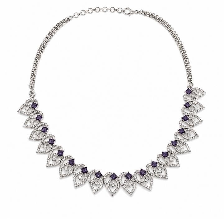 Rhodium Plated Leaf Motif AAA American Diamond Necklace Set in Brass – Colour Stone CZ Jewellery for Women
