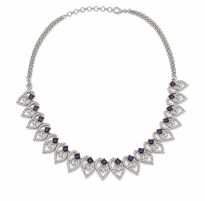 Rhodium Plated Leaf Motif AAA American Diamond Necklace Set in Brass – Colour Stone CZ Jewellery for Women