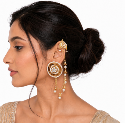 Zoya Oversized Kundan Pearl Stud Earrings with Kaan Chain
