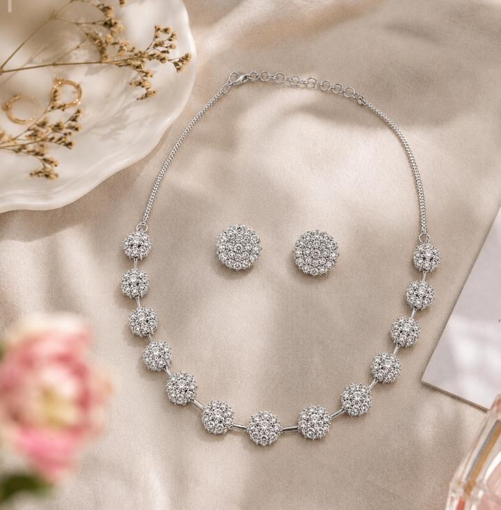 Rhodium Plated AAA American Diamond Floral Necklace Set in Brass – Elegant CZ Jewellery for Women