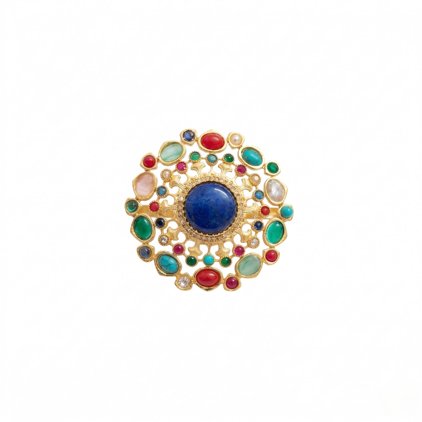Gold Plated Brass Cocktail Ring with Lapis Lazuli & Multicolour Cabochon Stones | Mughal-Inspired Statement Ring