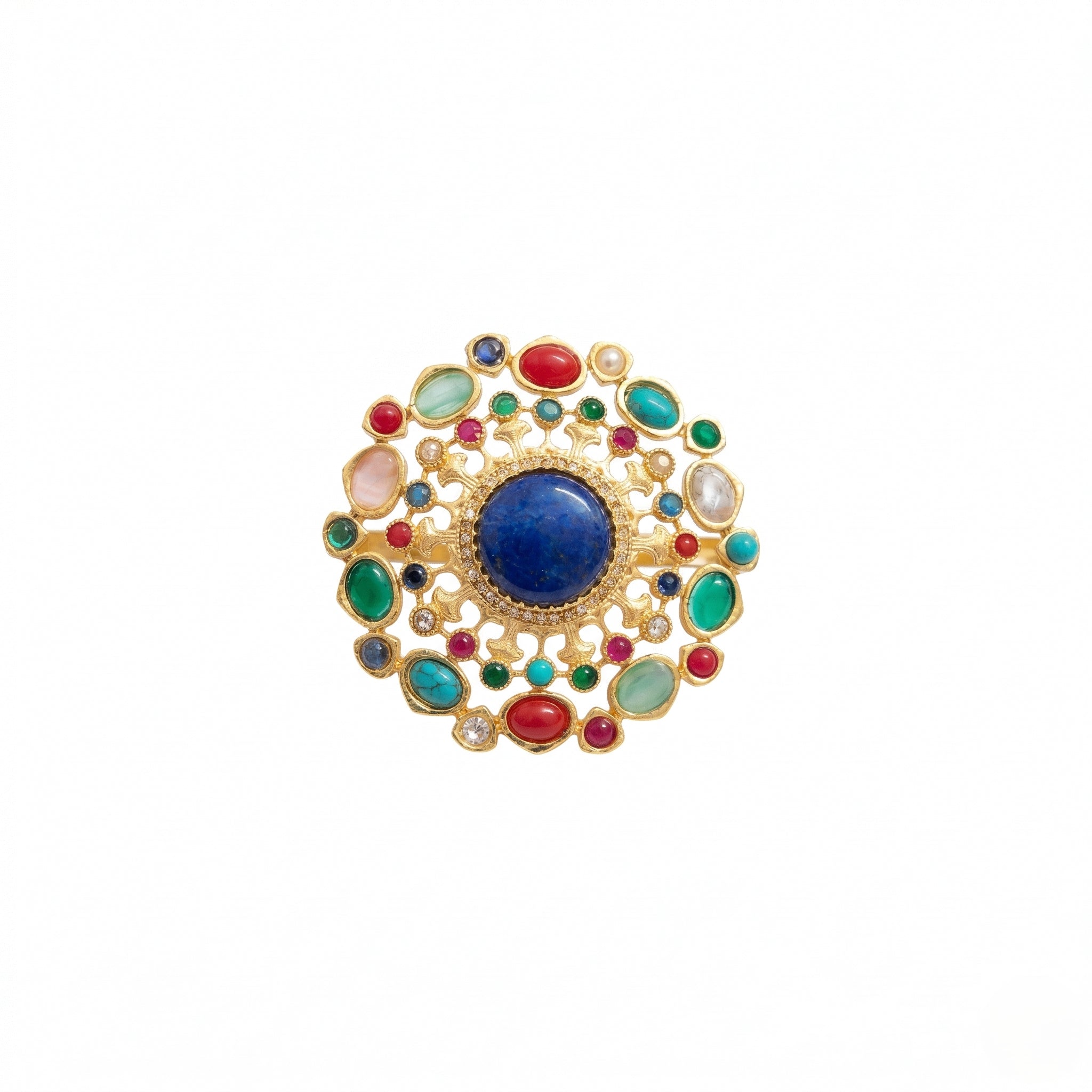 Gold Plated Brass Cocktail Ring with Lapis Lazuli & Multicolour Cabochon Stones | Mughal-Inspired Statement Ring