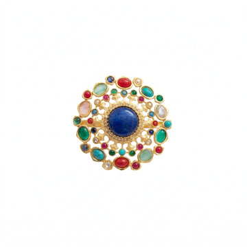 Gold Plated Brass Cocktail Ring with Lapis Lazuli & Multicolour Cabochon Stones | Mughal-Inspired Statement Ring