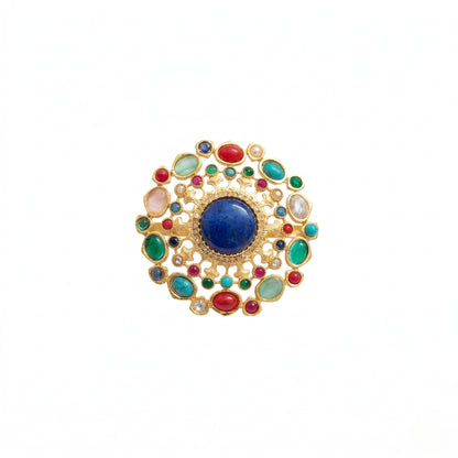 Gold Plated Brass Cocktail Ring with Lapis Lazuli & Multicolour Cabochon Stones | Mughal-Inspired Statement Ring