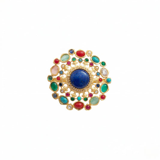 Gold Plated Brass Cocktail Ring with Lapis Lazuli & Multicolour Cabochon Stones | Mughal-Inspired Statement Ring