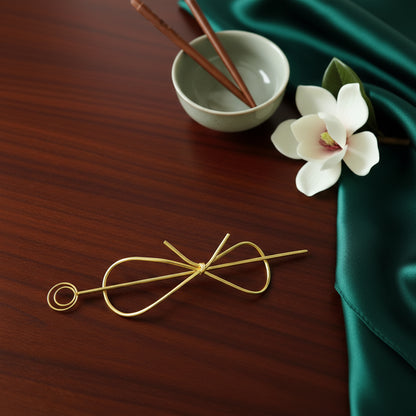 Gold Plated Brass Bow Hair Stick Pin | Minimalist Wire Bow Bun Holder Juda Pin for Women — Everyday & Bridal Hair Accessory