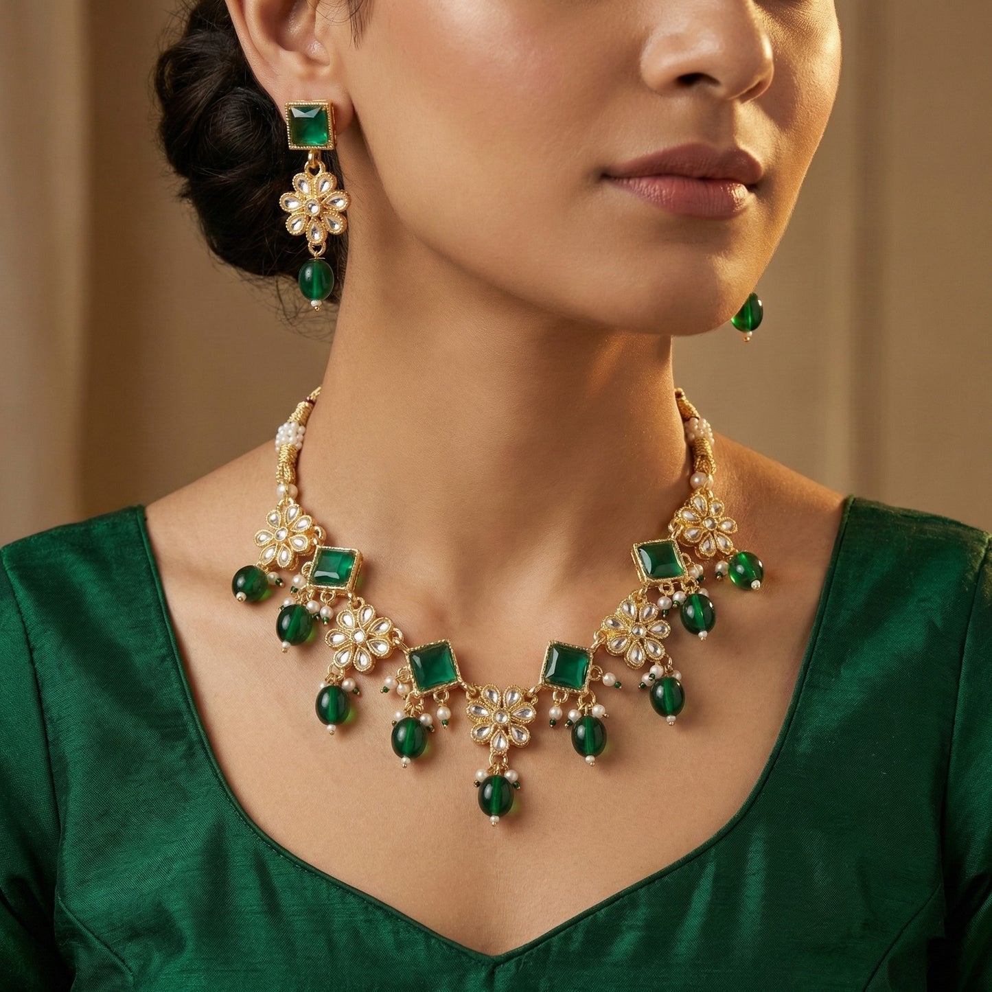 Emerald Blossom Kundan Necklace Set