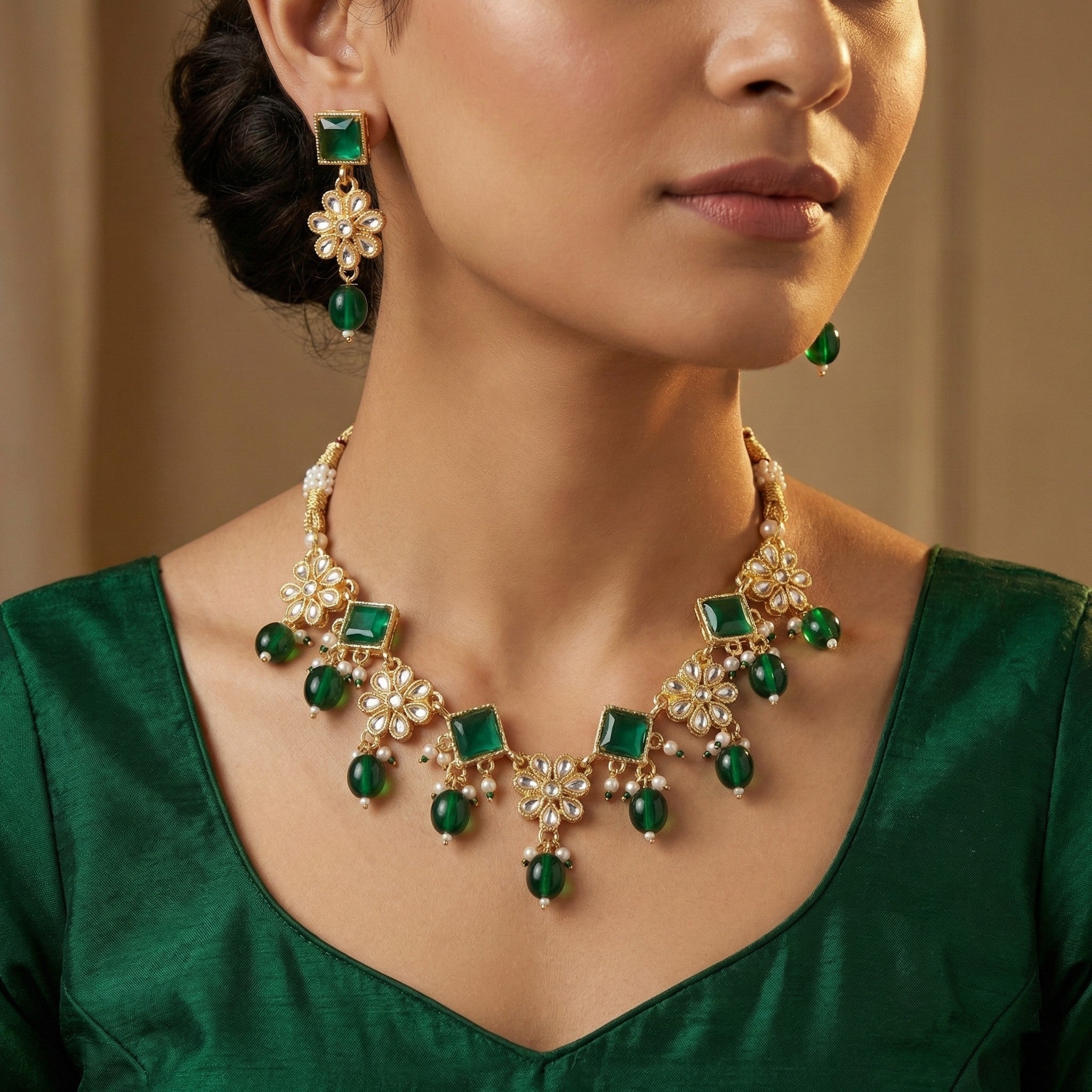 Emerald Blossom Kundan Necklace Set