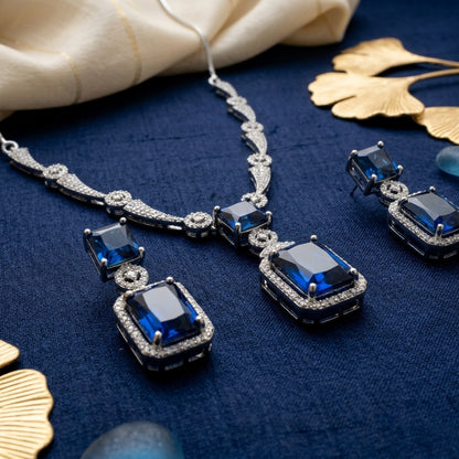 Regal Geometry American Diamond Necklace Set (Rhodium Plated)