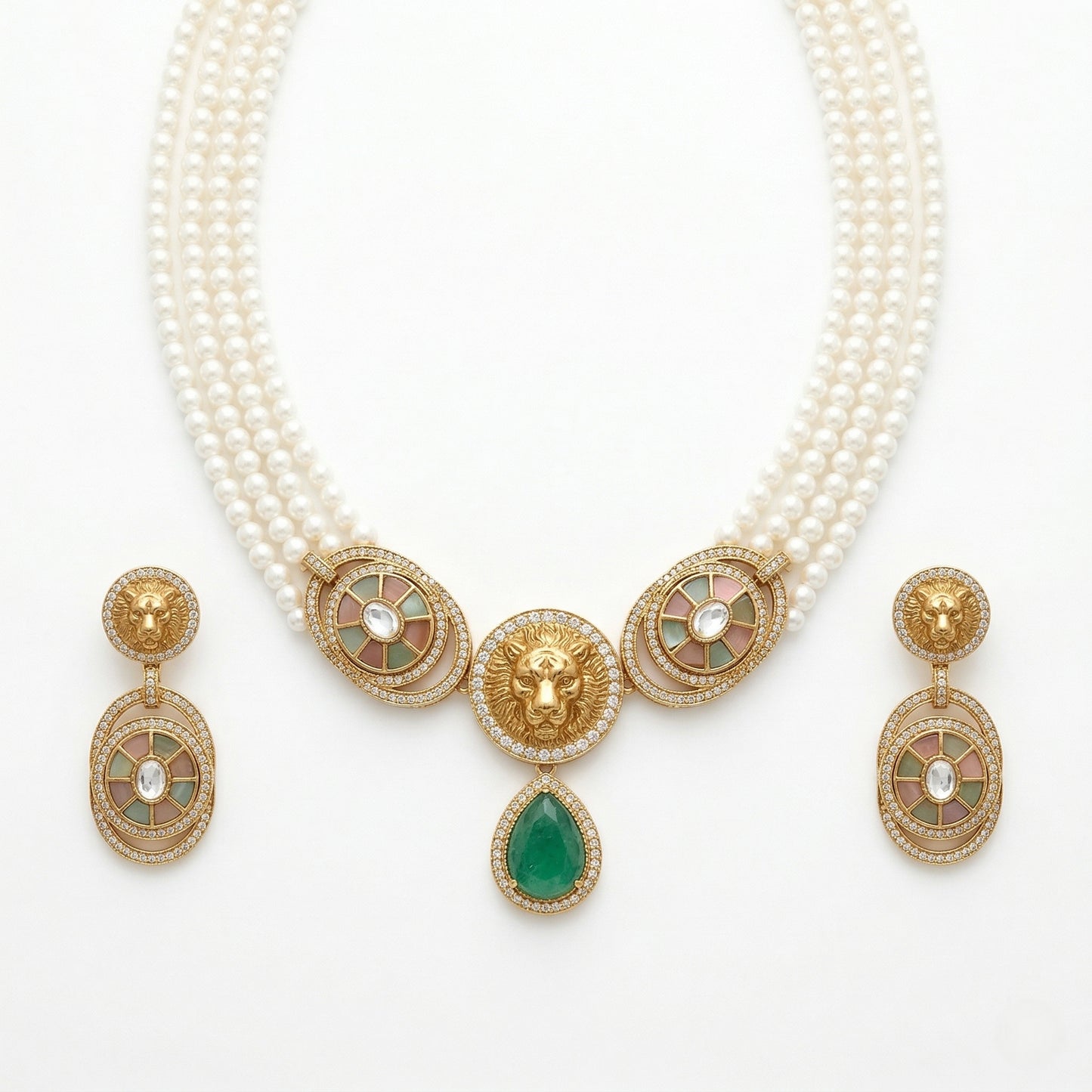 Royal Crest Pearl & American Diamond Necklace Set (Rhodium Plated)