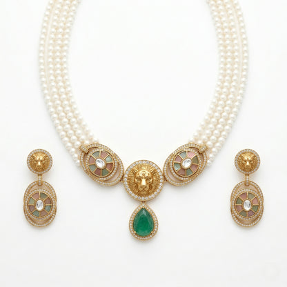 Royal Crest Pearl & American Diamond Necklace Set (Rhodium Plated)