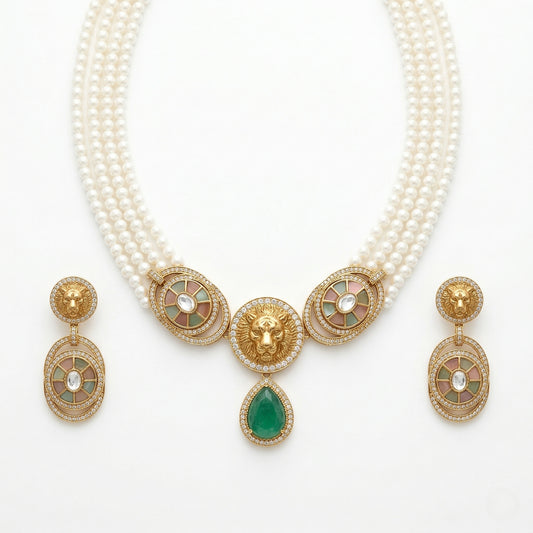 Royal Crest Pearl & American Diamond Necklace Set (Rhodium Plated)