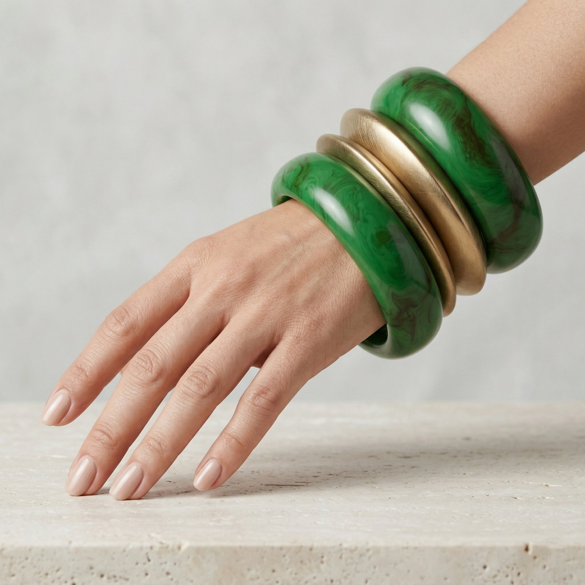 Emerald Green Marble Resin & Gold-Painted Sheesham Wood Bangle Stack | Mixed-Material Boho-Luxe Bracelet Set of 4 for Women