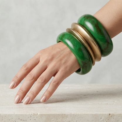 Emerald Green Marble Resin & Gold-Painted Sheesham Wood Bangle Stack | Mixed-Material Boho-Luxe Bracelet Set of 4 for Women