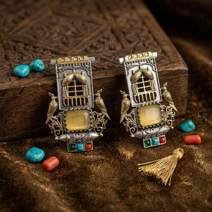 Dual Tone Gold Silver Statement Stud Earrings with Glass Stones