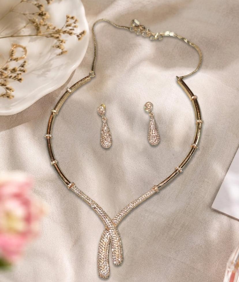 Rose Gold AAA American Diamond Lariat Y-Drop Necklace & Earrings Set | Brass Rose Gold Plated | Minimalist Bridal Jewellery