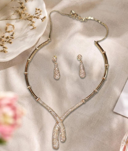 Rose Gold AAA American Diamond Lariat Y-Drop Necklace & Earrings Set | Brass Rose Gold Plated | Minimalist Bridal Jewellery