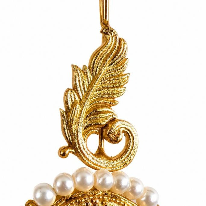 Gold Plated Needle Earcuff with Glass Stone & Pearl Detailing – Statement Brass Ear Cuff for Women